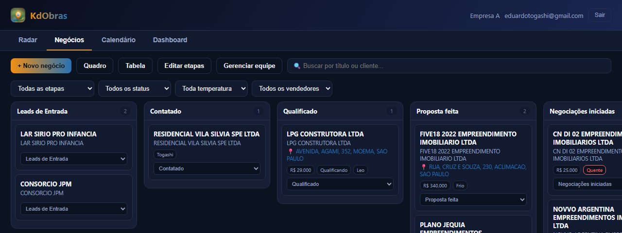 Funil de vendas do KdObras em colunas por etapa, com cards de negócios reais e valores